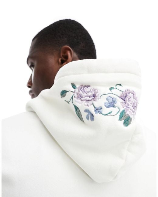 Hollister White Relaxed Fit Hoodie With Floral Embroidery Logo for men