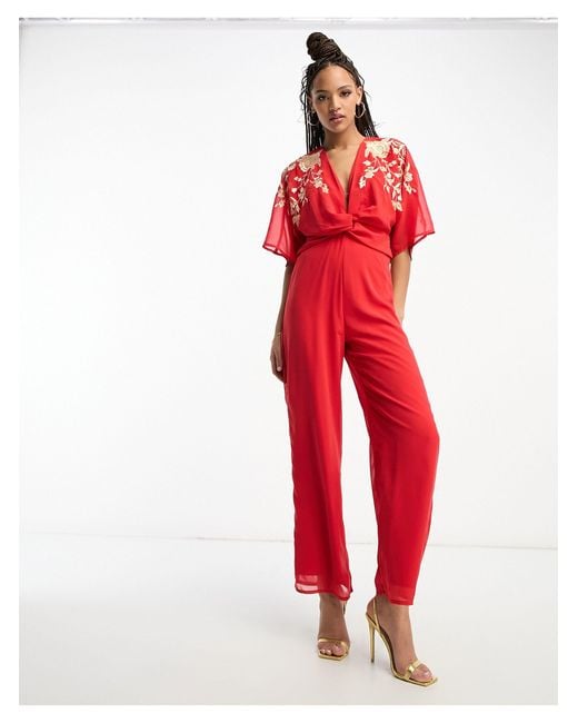 Hope & Ivy Red Kimono Front Embroide Jumpsuit