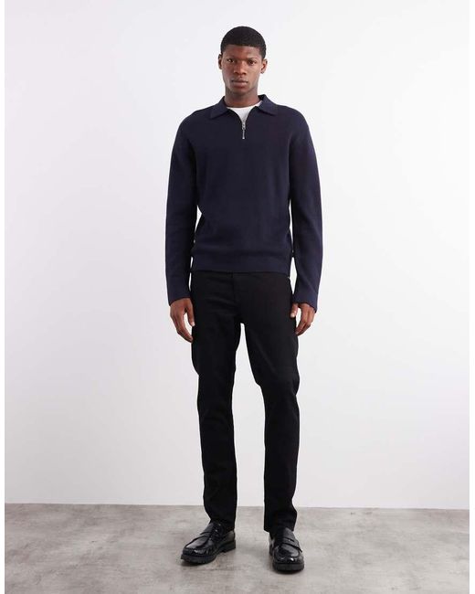 Jack & Jones Blue Premium Long Sleeve Knitted Polo With Quarter Zip for men