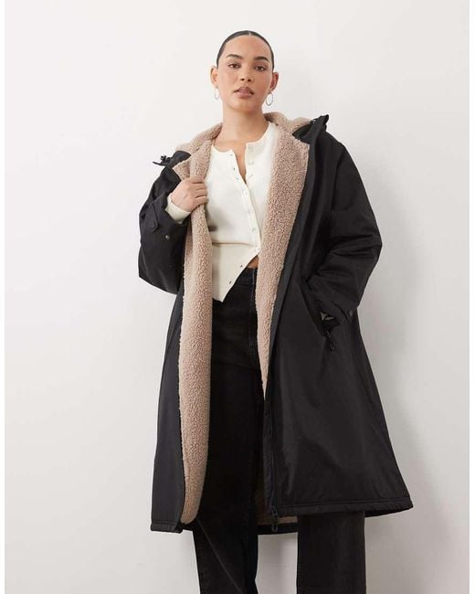 ASOS Black Asos Design Curve Longline Rain Coat With Borg Liner