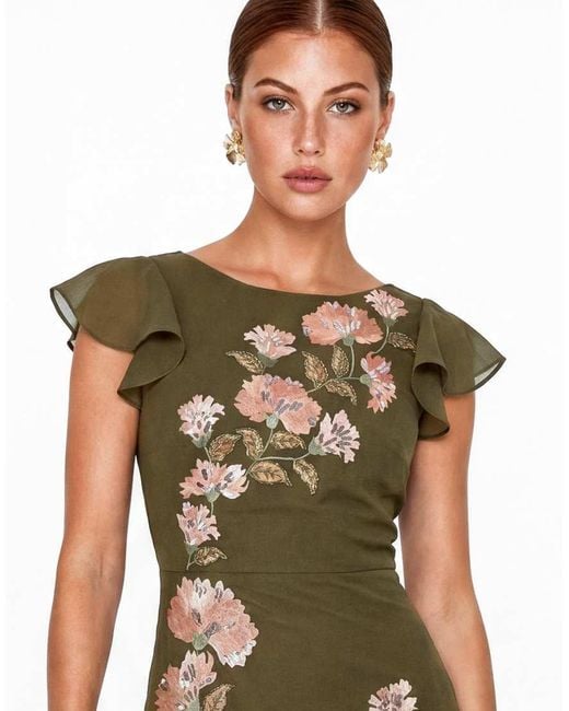 Maya Green Floral Embroidery V-Back Ruffle Midaxi Dress