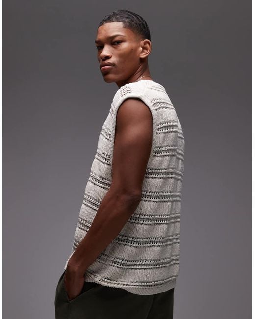 Topman Gray Relaxed Fit Knitted Crochet Tank With Metallic Yarn for men
