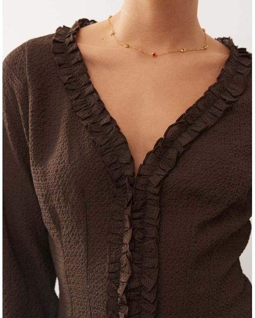 Collusion Brown Long Sleeve Ruffle Blouse