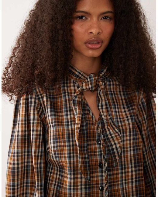 Wednesday's Girl Brown Long Sleeve Shirt With Tie Detail