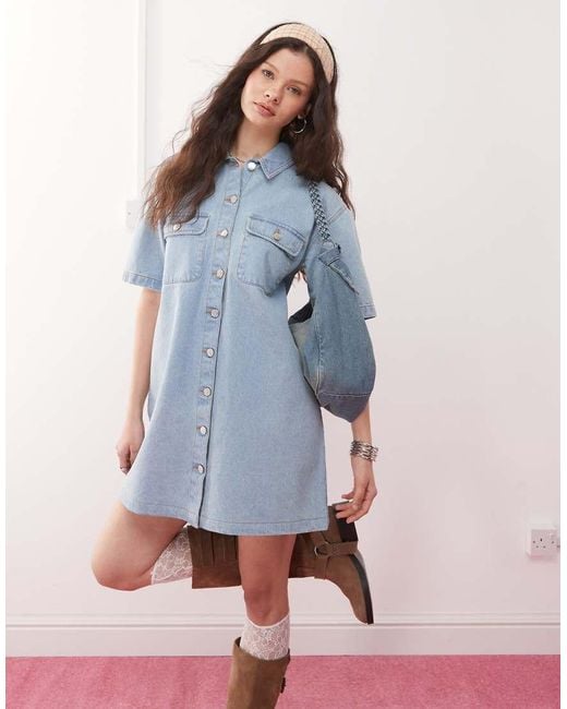 Miss Selfridge Blue Oversized Short Sleeve Denim Shirt Dress