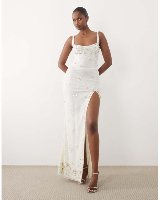 Oh Polly White Premium 3d Flower Sequin Embellished Lace Up Back Maxi Dress