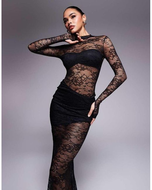 Wanderdoll Black Wander Doll Britney High Neck Lace Bodysuit And Drape Detail Maxi Skirt Set