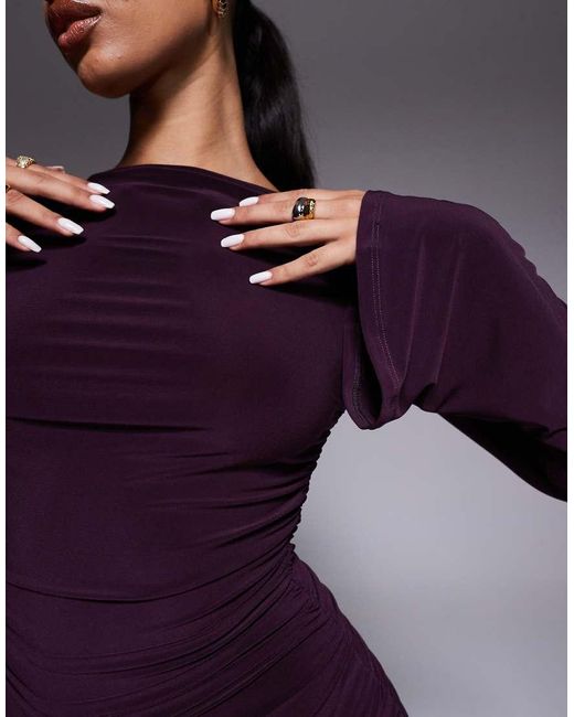 ASOS Purple Sculpting Gauged Panelled Maxi Dress With Long Sleeves