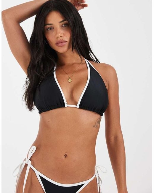 Wolf & Whistle Black Triangle Bikini Top With Contrast Piping