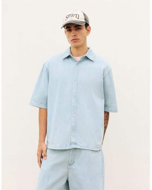 Pull&Bear Blue Short Sleeve Striped Denim Shirt for men