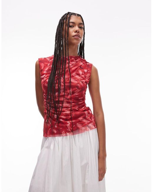 & Other Stories Red Mesh Top With Drape Detail