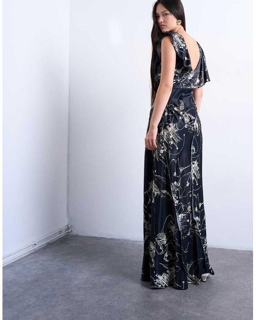 Vestido Largo Monocromático Con Estampado Floral, Costuras Sin Rematar Y Volantes De -Negro TOPSHOP de color Blue