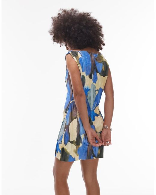 TOPSHOP Blue Abstract Floral Print Plisse Mini Dress