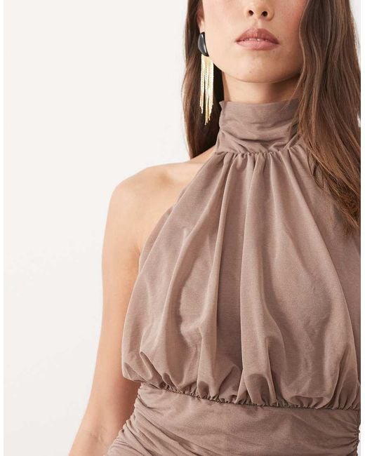 ASOS Brown High Neck Blouson Halter Maxi Dress With Full Skirt