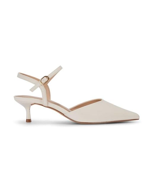 SEQWL White Pointed Toe Kitten Heel Slingback Shoes With Buckle Detail