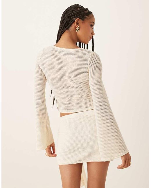ASOS Natural Textured V-neck Flared Sleeve Top With Gold Trim
