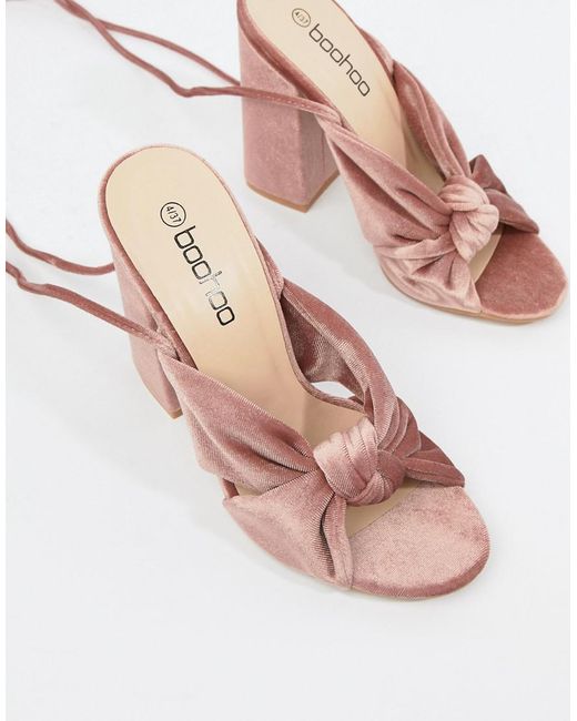 Boohoo Velvet Block Heels in Pink | Lyst