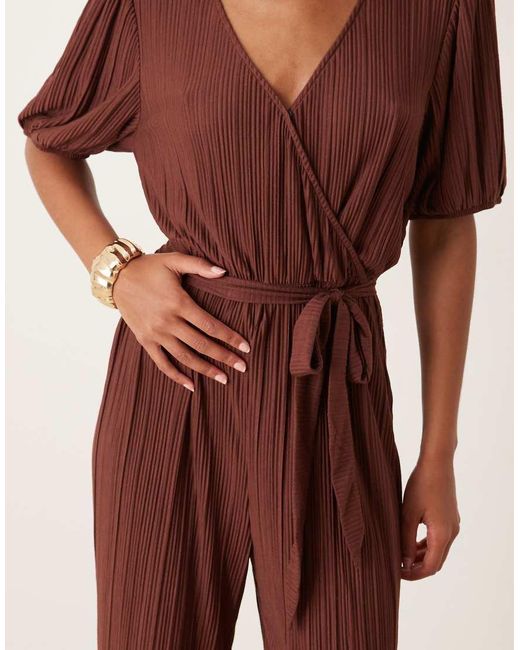 Vila Brown Plisse Wrap Front Jumpsuit
