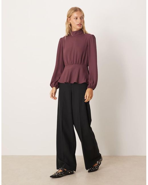 ASOS Purple High Neck Long Sleeve Peplum Blouse