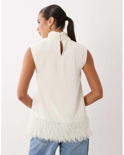 Gina Tricot White Sleeveless Funnel Neck Faux Feather Trim Top