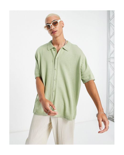ASOS Oversized Knitted Button Through Polo in Green for Men Lyst
