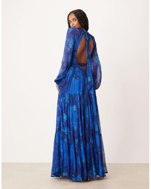 LACE & BEADS Blue Chiffon Balloon Sleeve Maxi Dress