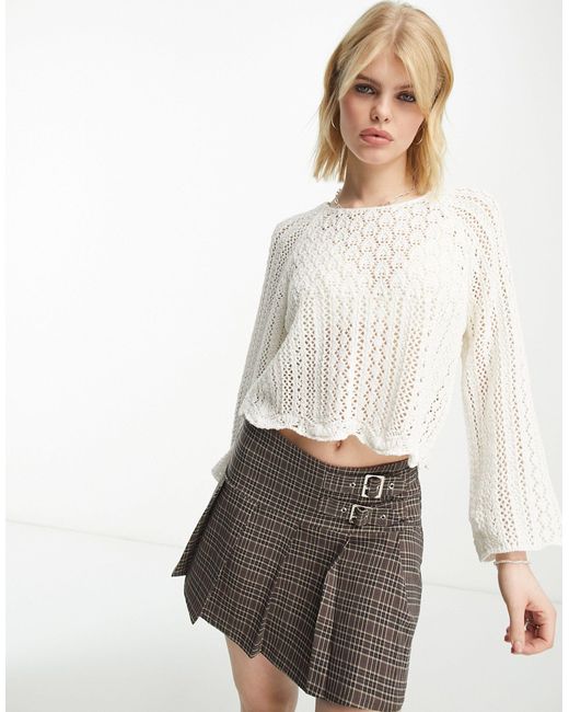 ONLY White Crochet Cropped Wide Sleeve Jumper