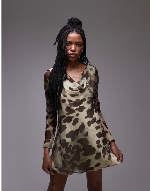 TOPSHOP Brown – langärmliges mini-freizeitkleid mit verschwommenem animalprint und wasserfallausschnitt