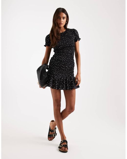 Daisy Street Black Shirred Mini Dress With Puff Ruffle Sleeves