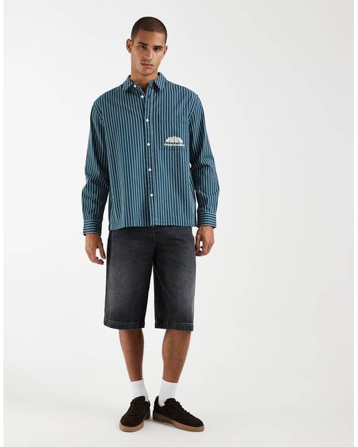 ASOS Blue Relaxed Twill Stripe Shirt With Chest Embroidery for men