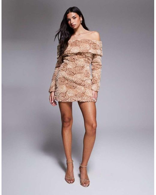 ASOS Brown Off Shoulder Faux Fur Flower Mini Dress