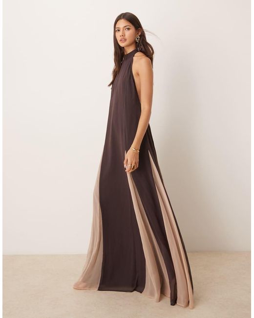 ASOS High Neck Chiffon Maxi Dress With Contrast Godet Skirt in Brown | Lyst  UK