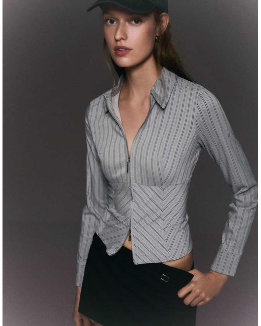Bershka Gray Long Sleeve Zip Shirt
