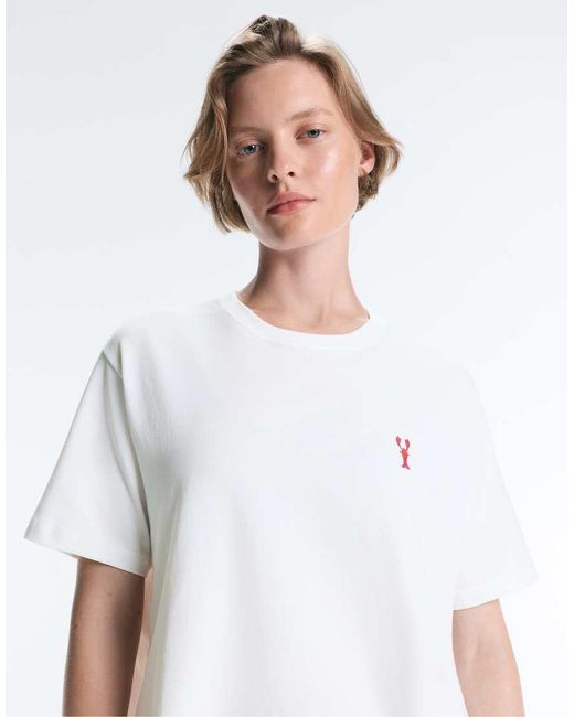 Oysho White Boxy Short-sleeved Embroidered Cotton Blend T-shirt