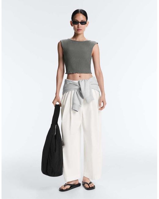 Oysho White Rib Modal Blend Short Sleeve Tank Top With Curling Detail