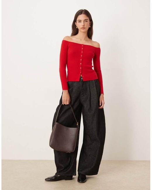 Abercrombie & Fitch Red Button Through Off Shoulder Top