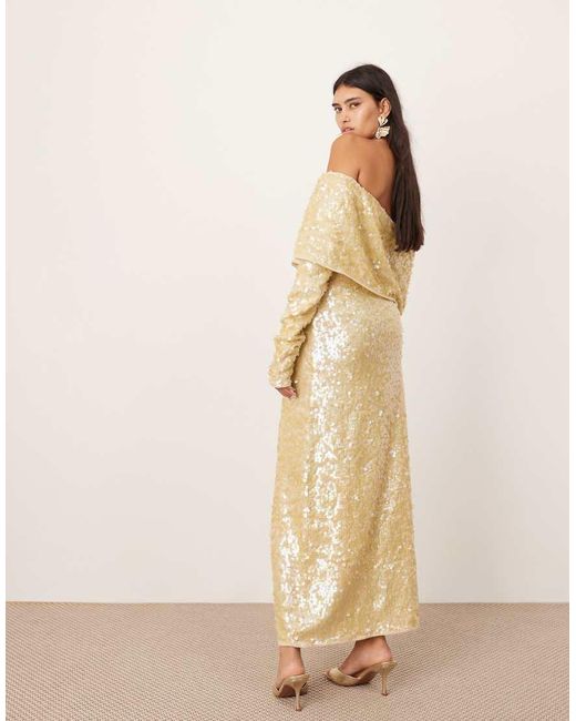 ASOS Natural Allover Sequin Knitted Bardot Maxi Dress