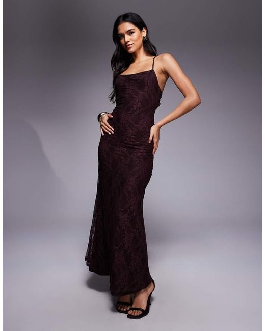 Vestido Largo Marrón De Tirantes Con Escote Cuadrado Y Lazada En La Espalda De Encaje De ASOS de color Purple