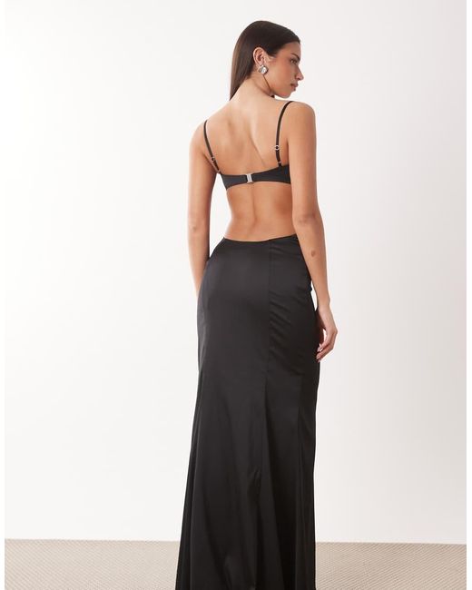 Oh Polly White Premium Satin Thigh Slit Maxi Dress With Embellished Bralette Detailing