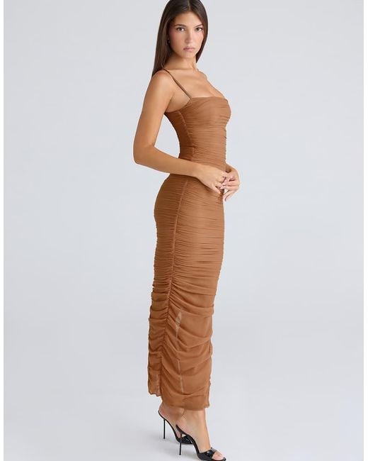 House Of Cb Brown Fornarina Tan Gathered Stretch Mesh Maxi Dress
