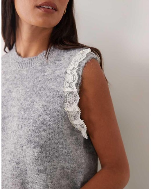 New Look Gray Lace Trim Knitted Vest