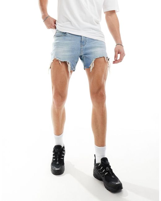 ASOS Blue Short Length Skinny Denim Shorts With Heavy Ripped Hem for men