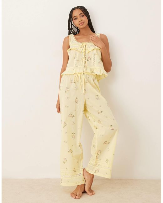 ASOS Natural Ditsy Frill Button Up Cami And Trouser Pyjama Set