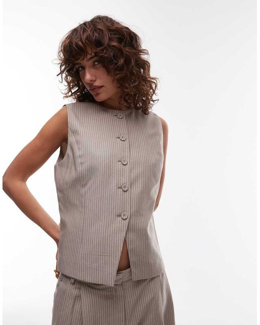 Mango Brown Cotton Pinstripe High Neck Waistcoat Co-ord