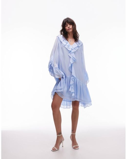 & Other Stories Women's Blue Sheer Chiffon Mini Dress With Ruffles And Tier Hem & Other Stories Women's Blue Sheer Chiffon Mini Dress With Ruffles And Tier Hem