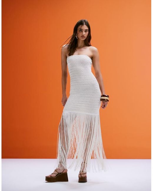 4th & Reckless Orange Bandeau Fringed Hem Crochet Mini Dress