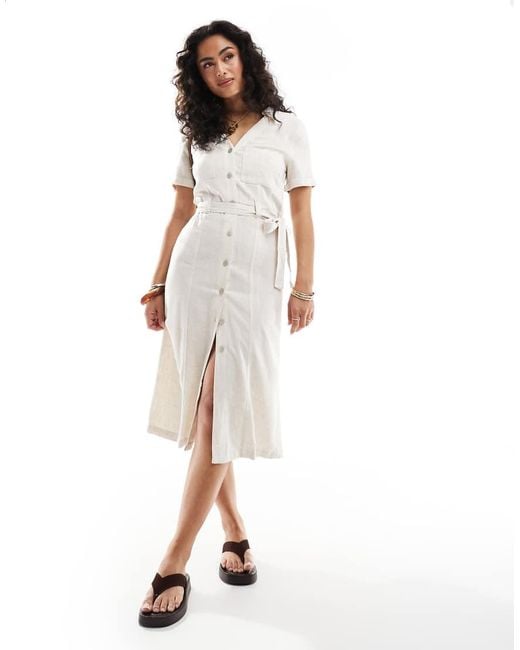 ONLY White Linen Mix Tie Waist Shirt Dress