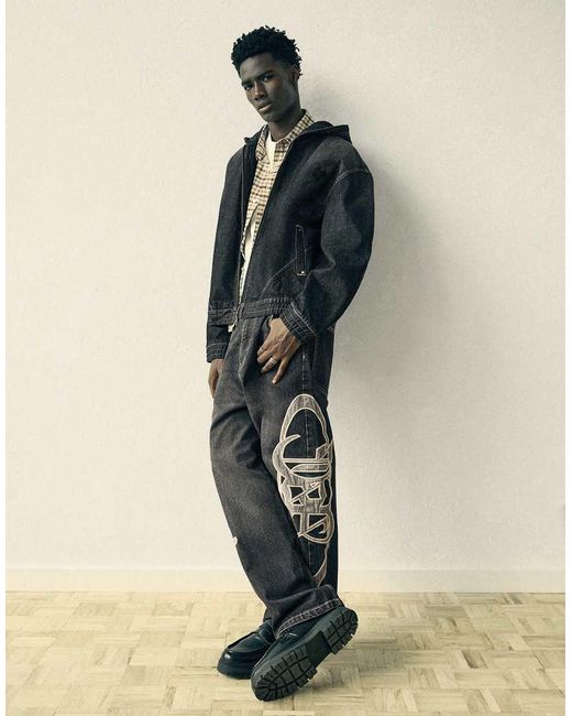 Bershka Black Denim Jacket With Hood And Back Embroidery for men