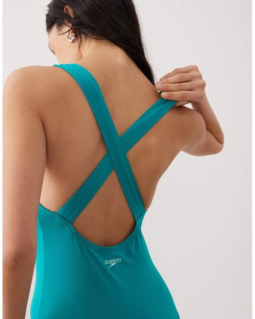 Speedo Blue Solid Scoop Neck Swimsuit