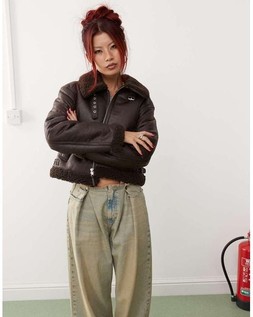 Monki Natural Vintage Look Faux Shearling Aviator Jacket With Buckle Collar